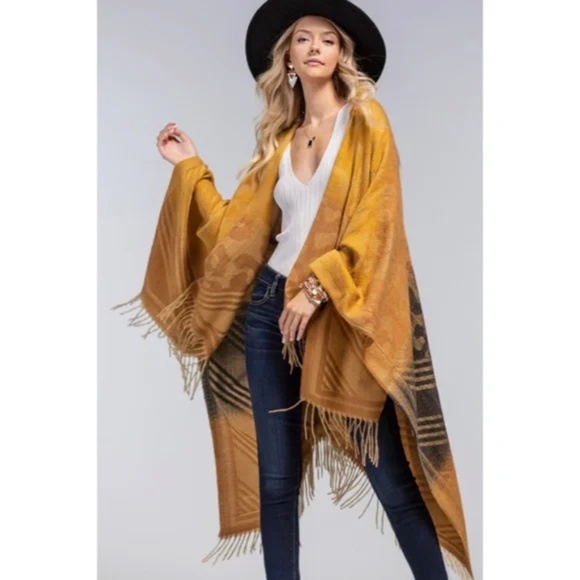 Tuscan Animal Print Color Block Knit Ruana Tassel Fall Winter Casual Wrap - Picture 2 of 7